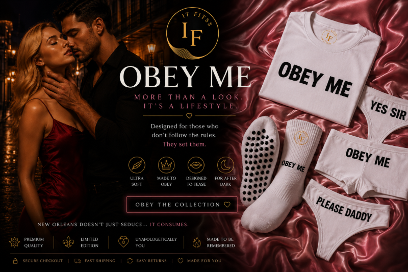 Product display with 'OBEY ME' clothing and accessories on a dark background with a couple embracing.